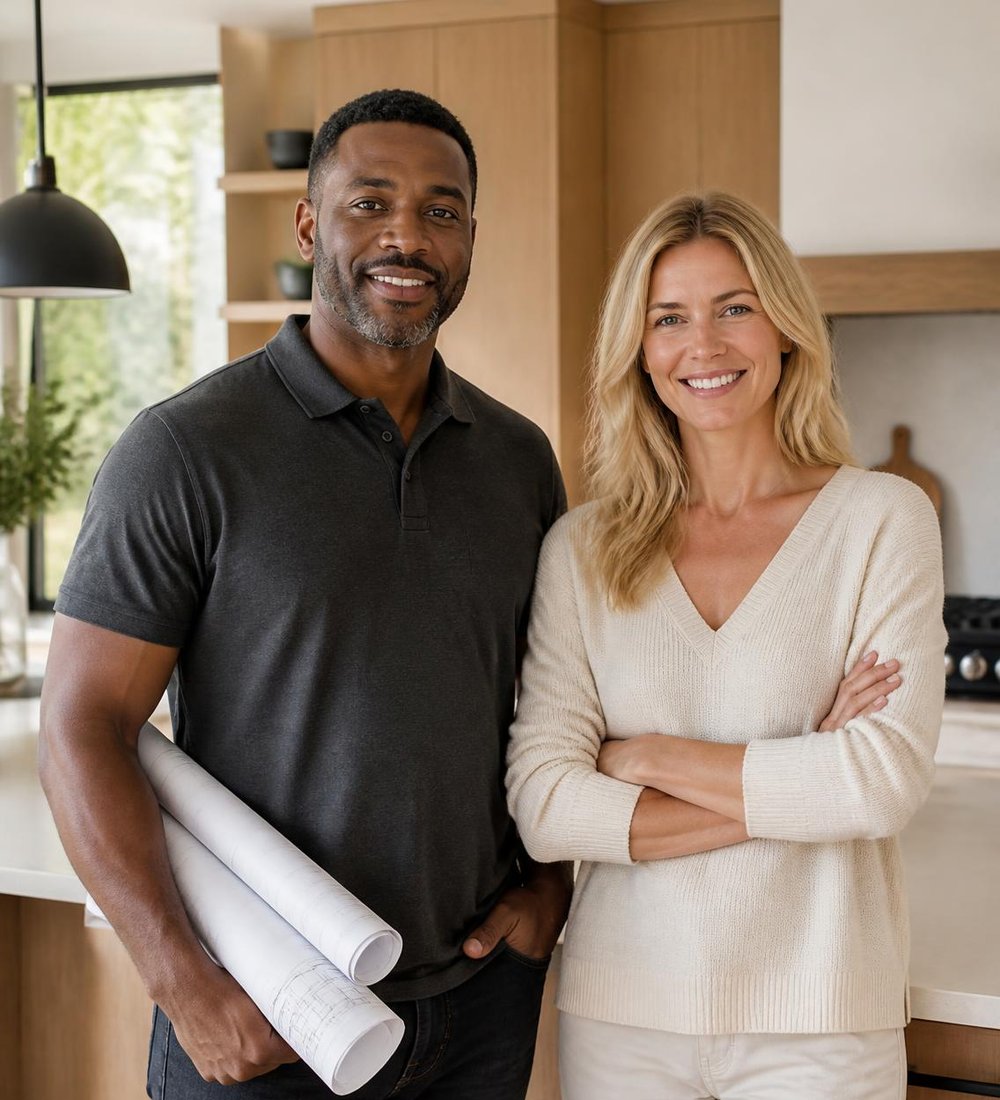 Daniel Okafor and Rebecca Lund in a finished kitchen