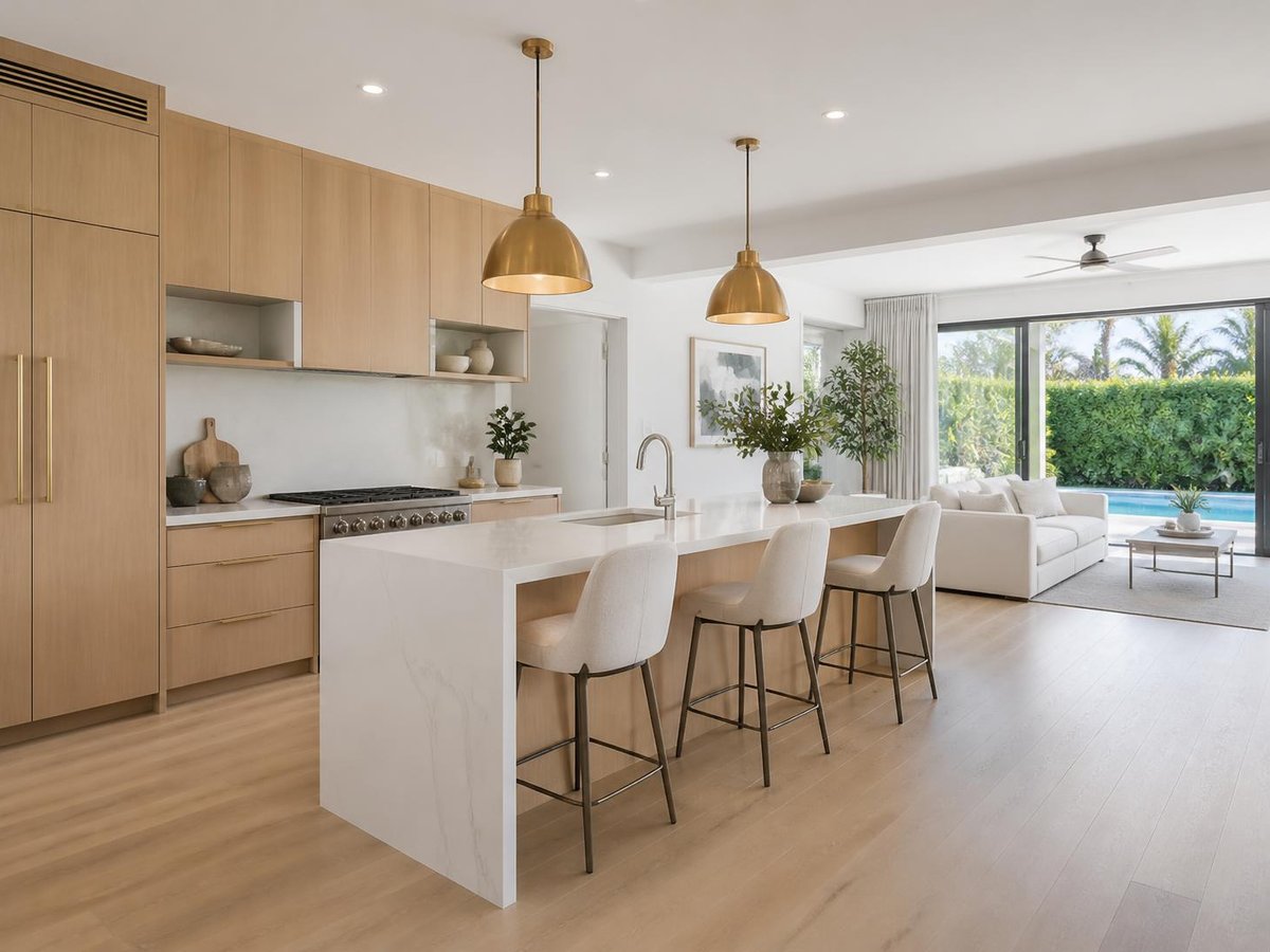 Finished open kitchen with a quartz waterfall island and white-oak cabinets