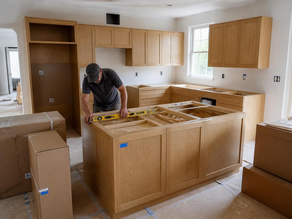Cabinets installed, island being leveled