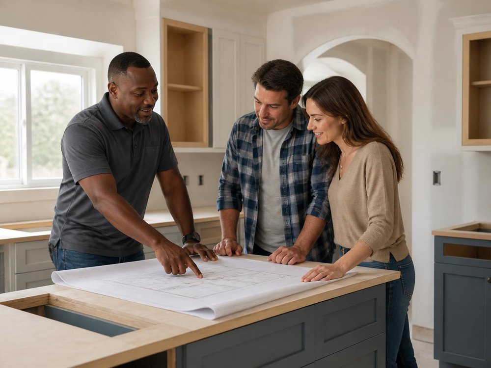 Project manager reviewing plans with homeowners on site